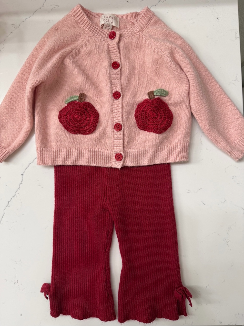 Baby Girl’s Fall Pink Apple Knit Cardigan & Red Knit Pants Set 3-6M